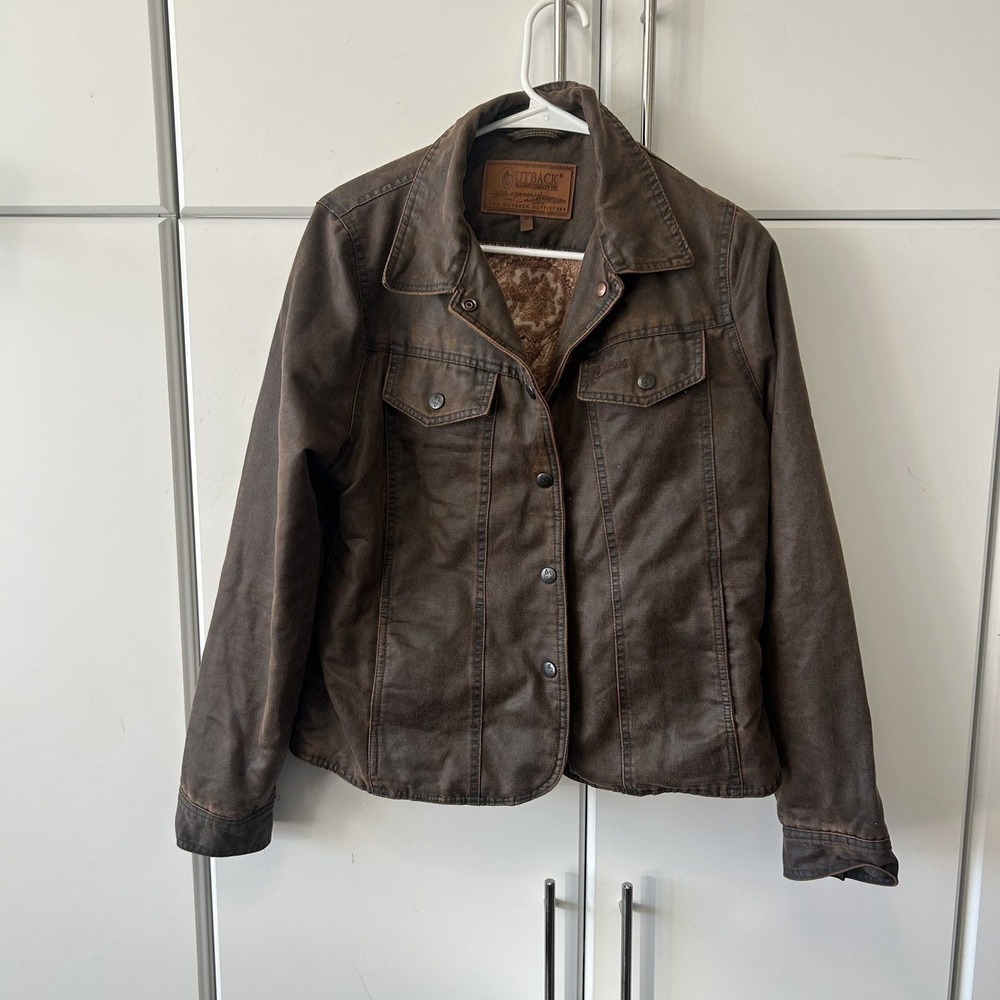 Outback Trading Co Brown Oilskin Western Jacket Small Paisley Lined 2146